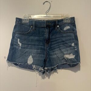 Aerie Denim Shorts Womens S Small Distressed Rips Raw‎ Hem Blue Elastic Waist